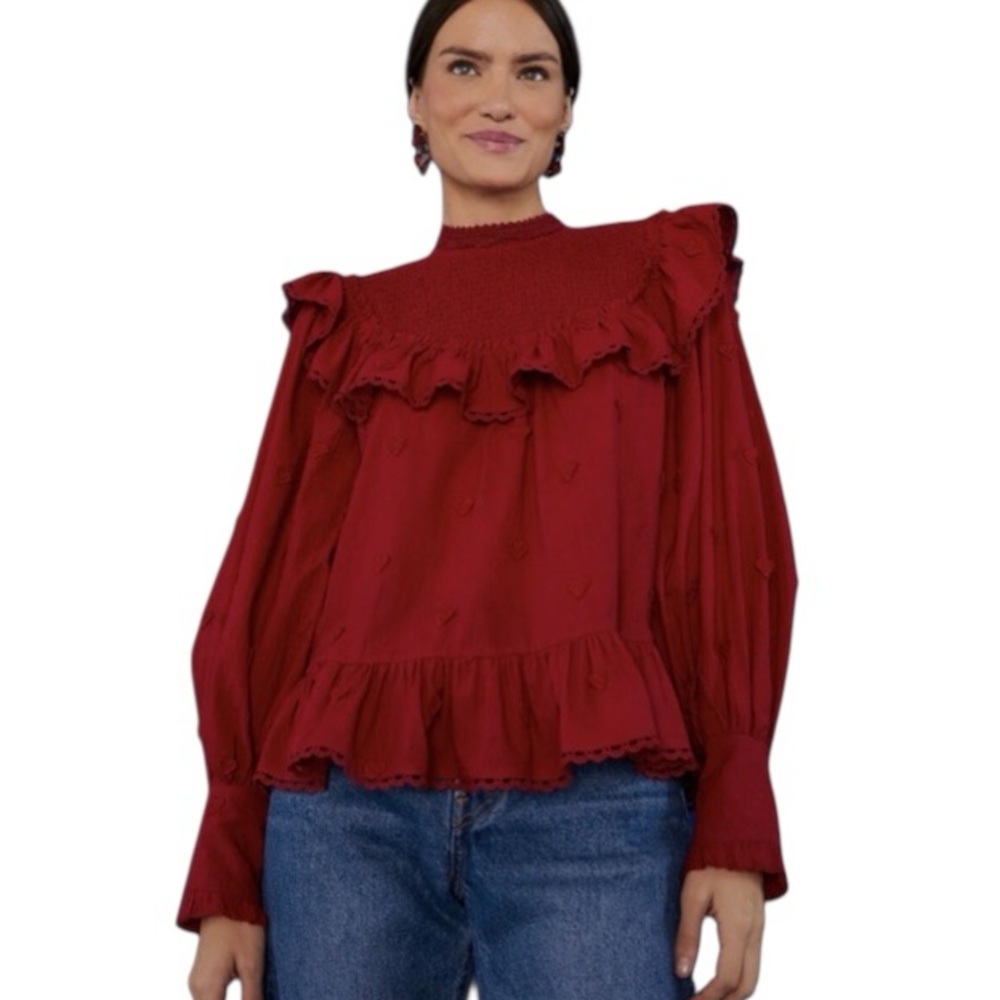 Anthropologie Farm Rio Smocked Blouse Red Heart Pattern